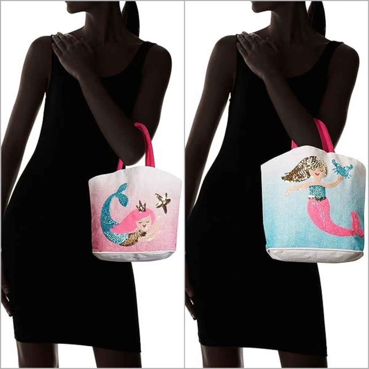 Cartoon Pattern Customization Jute Tote Sequined Mermaid & Starfish With Bonus Mermaid Bag Mermaid Jute Tote Bag