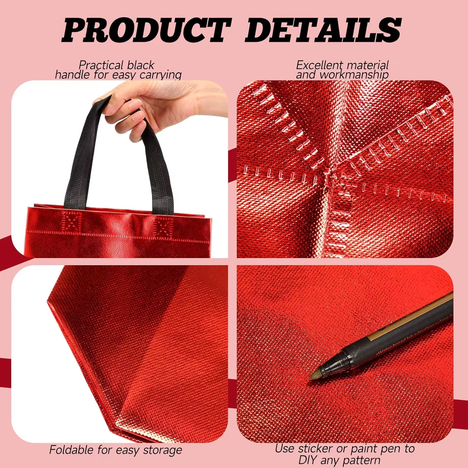 2025 Hot Seller 80-Piece Glossy Reusable Tote Grocery Bags Set Medium Red Black Handles for Wedding Bachelorette Party Gift Bags