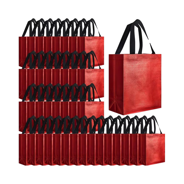 2025 Hot Seller 80-Piece Glossy Reusable Tote Grocery Bags Set Medium Red Black Handles for Wedding Bachelorette Party Gift Bags
