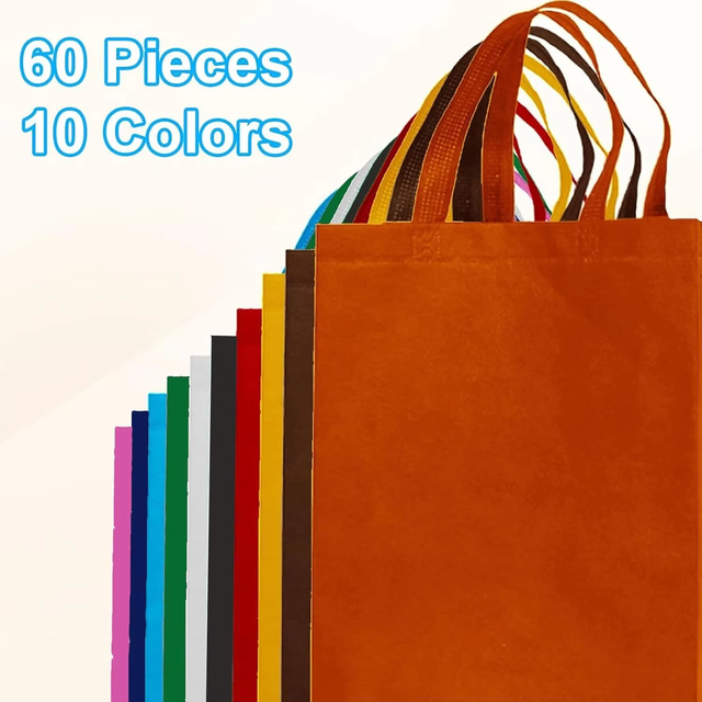 60 Pack Non-Woven Tote Bags 14 X 10 Inch Reusable Grocery Bags Multicolor Handles Foldable Goodie Bags for Events