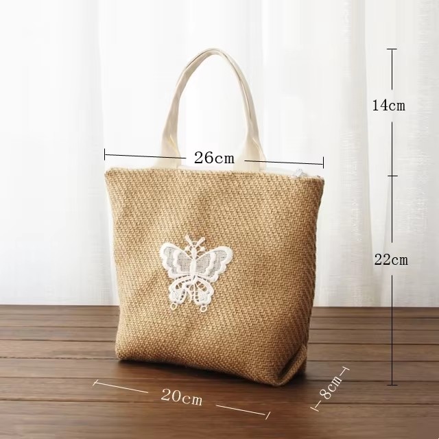 Eco-friendly Recycled Jute Embroidery Design Logo Summer Women Flax Beach Handbags Shopping Tote Sack Bag