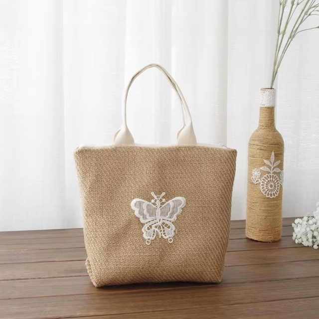 Eco-friendly Recycled Jute Embroidery Design Logo Summer Women Flax Beach Handbags Shopping Tote Sack Bag
