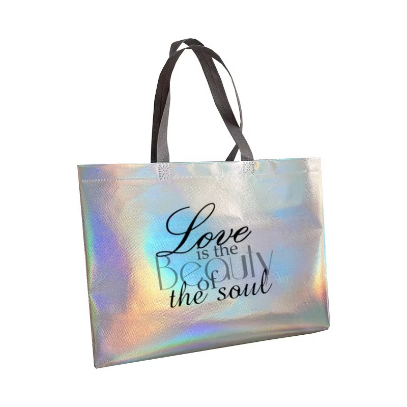 Customized Recycled Laser Surface Laminated Non-woven Supermarket Shopping Tote Carry Bag for Grocery Store Promotion Handbags