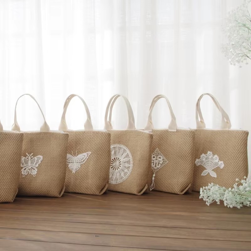 Eco-friendly Recycled Jute Embroidery Design Logo Summer Women Flax Beach Handbags Shopping Tote Sack Bag
