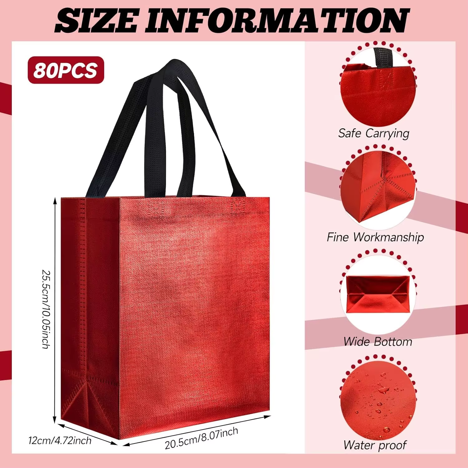 2025 Hot Seller 80-Piece Glossy Reusable Tote Grocery Bags Set Medium Red Black Handles for Wedding Bachelorette Party Gift Bags