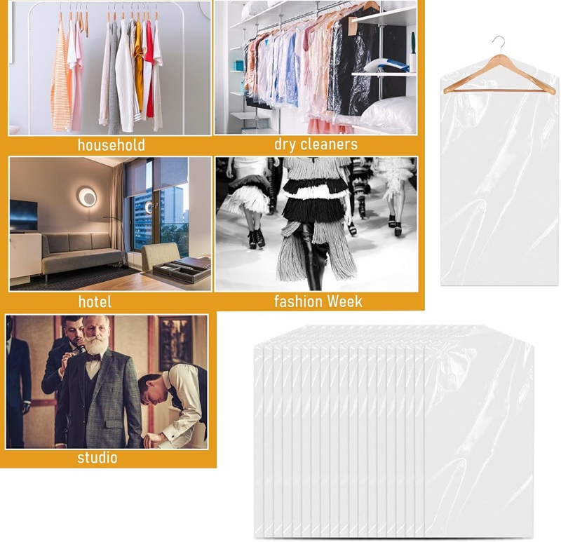 Transparent Plastic Garment Covers, Clothes Dust Proof Hanging Bags, for Dry Cleaning, Apparel Shops & Textile Garment Packaging