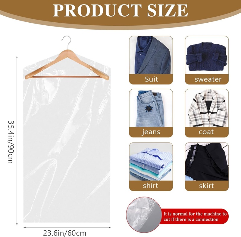 Transparent Plastic Garment Covers, Clothes Dust Proof Hanging Bags, for Dry Cleaning, Apparel Shops & Textile Garment Packaging